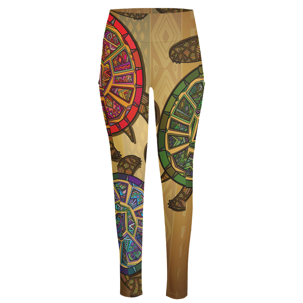 Ethnic Sea Turtles Print High-Waisted Pocket Leggings