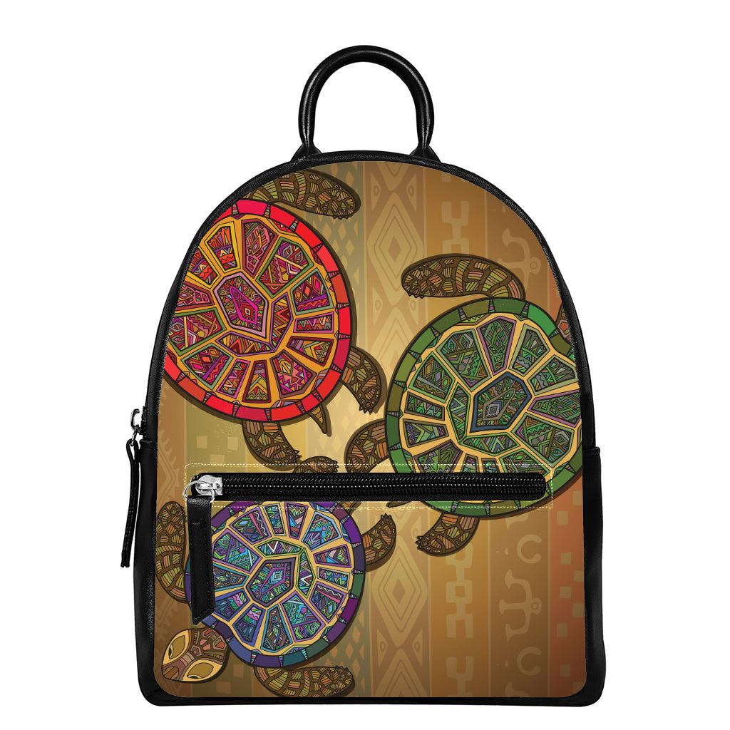 Ethnic Sea Turtles Print Leather Backpack