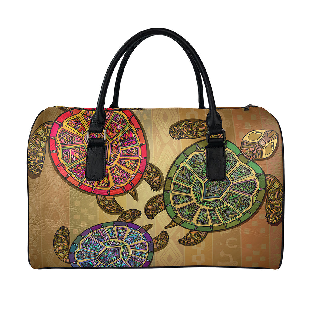 Ethnic Sea Turtles Print Leather Duffle Bag