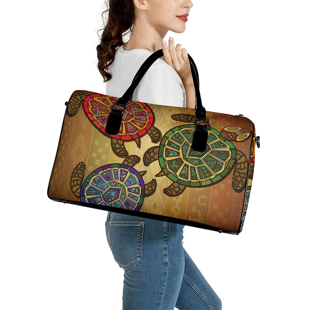 Ethnic Sea Turtles Print Leather Duffle Bag