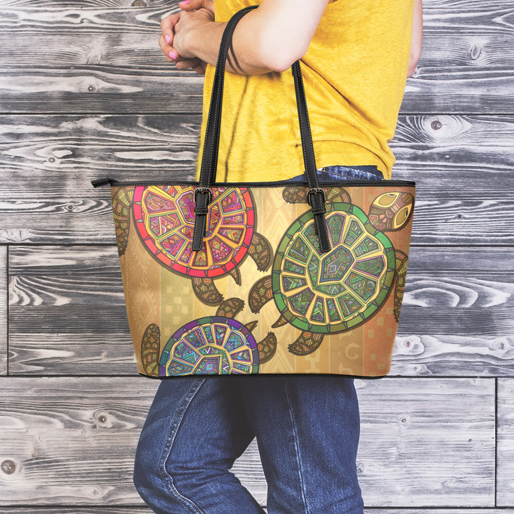 Ethnic Sea Turtles Print Leather Tote Bag
