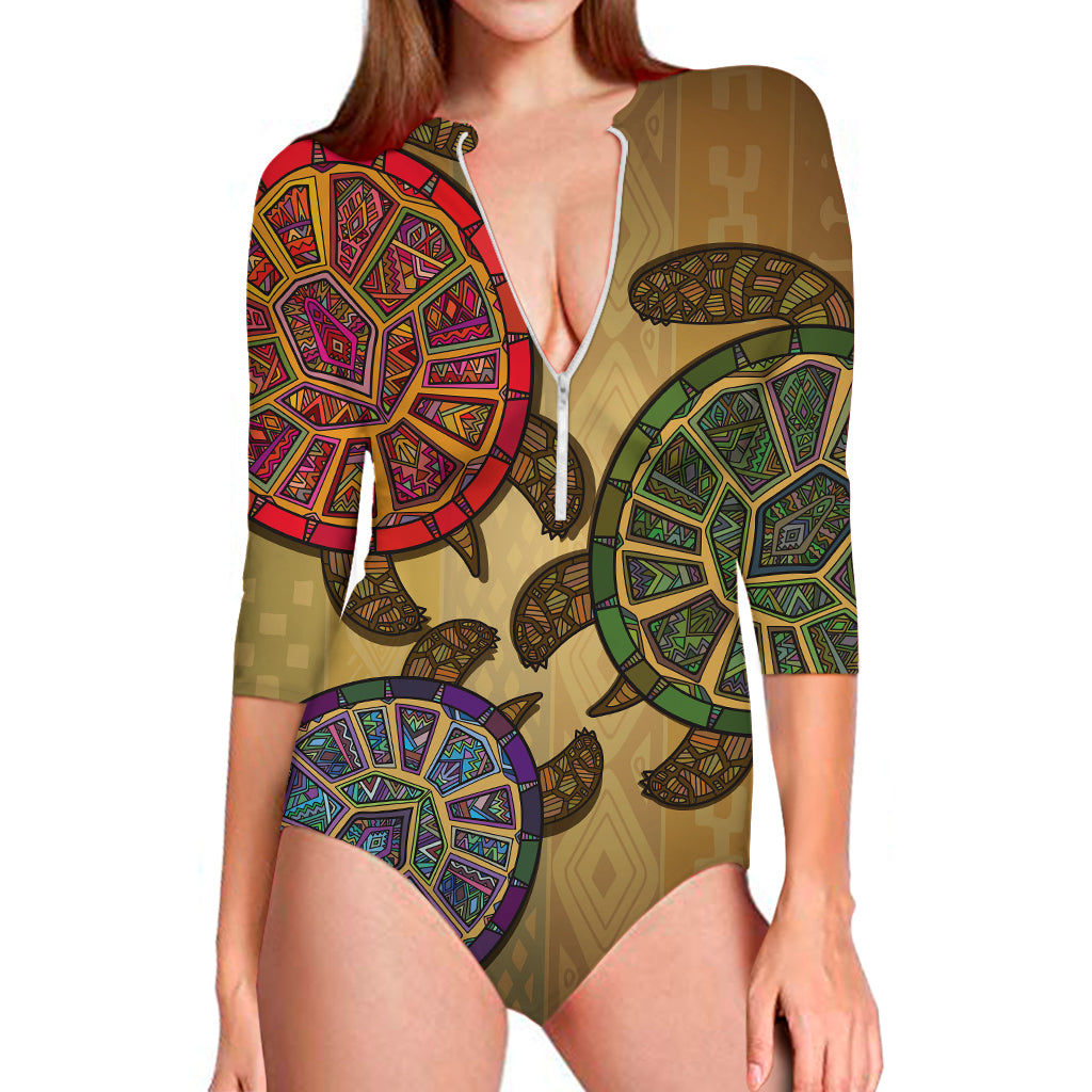 Ethnic Sea Turtles Print Long Sleeve Swimsuit