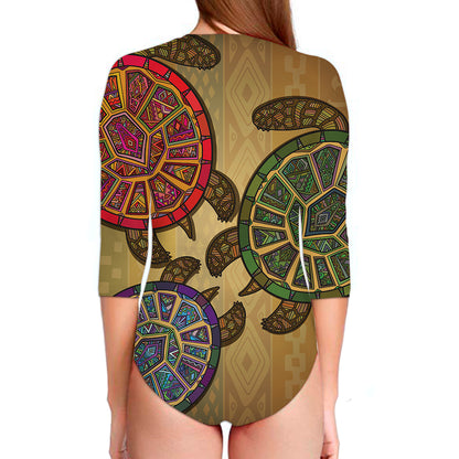 Ethnic Sea Turtles Print Long Sleeve Swimsuit