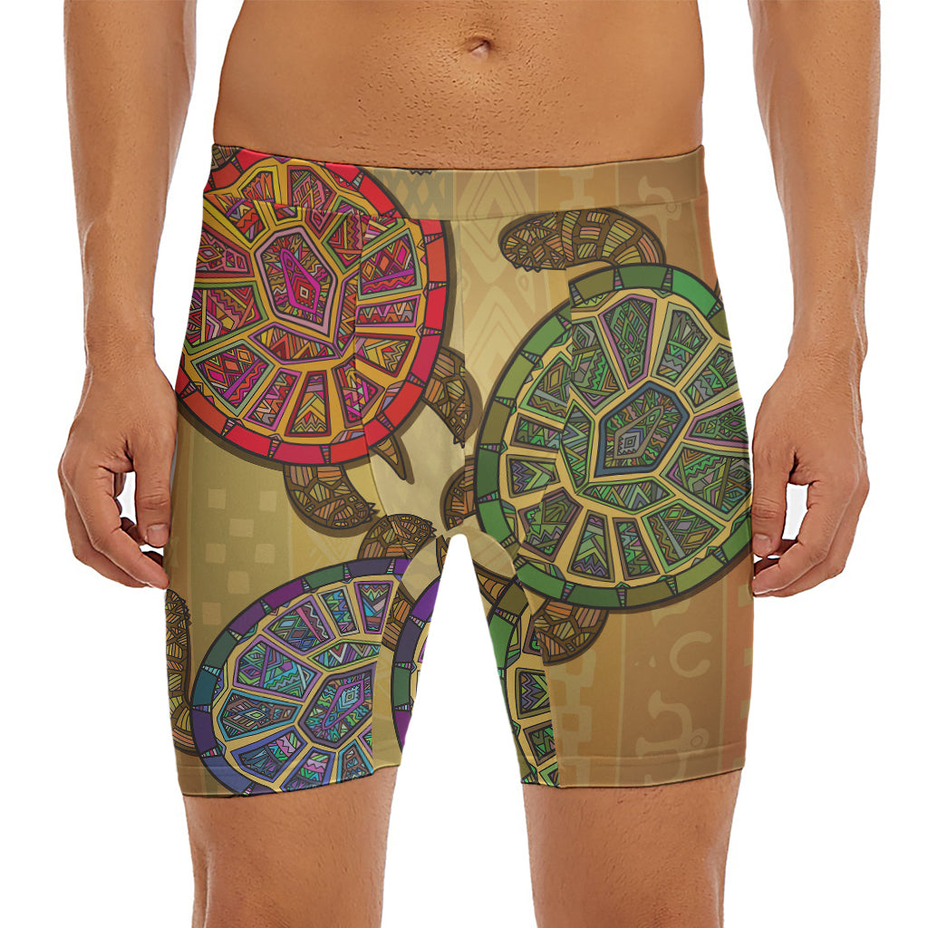 Ethnic Sea Turtles Print Men's Long Boxer Briefs