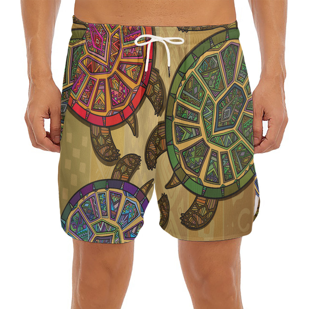 Ethnic Sea Turtles Print Men's Split Running Shorts