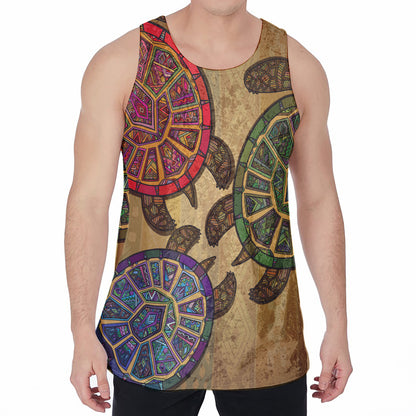 Ethnic Sea Turtles Print Men's Velvet Tank Top
