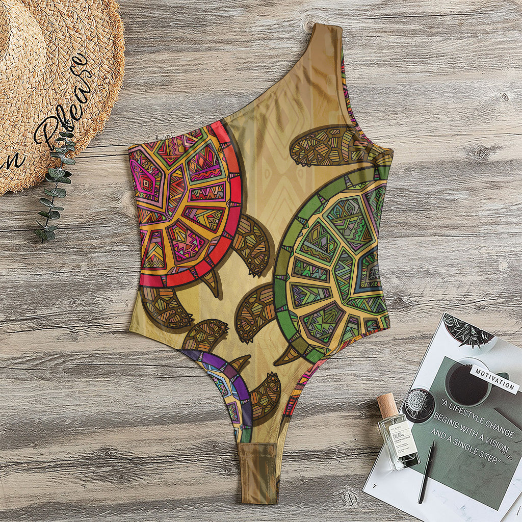 Ethnic Sea Turtles Print One Shoulder Bodysuit