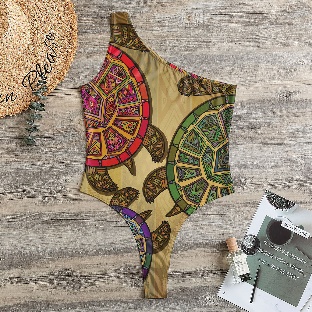 Ethnic Sea Turtles Print One Shoulder Bodysuit