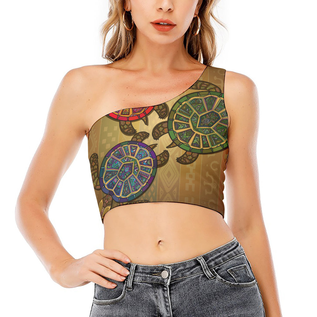 Ethnic Sea Turtles Print One Shoulder Crop Top