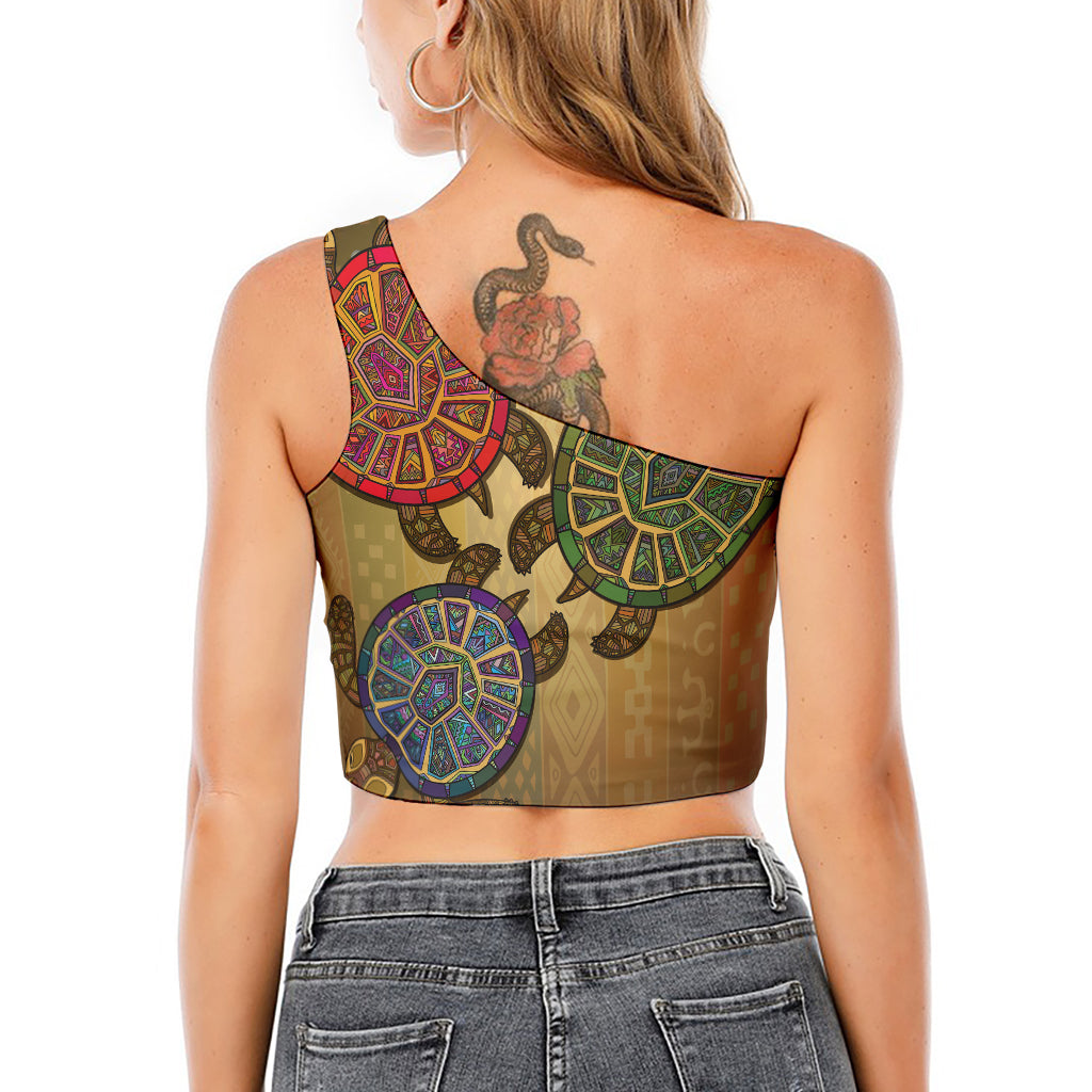 Ethnic Sea Turtles Print One Shoulder Crop Top