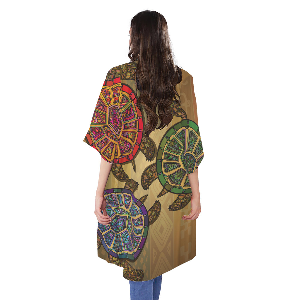 Ethnic Sea Turtles Print Open Front Beach Cover Up