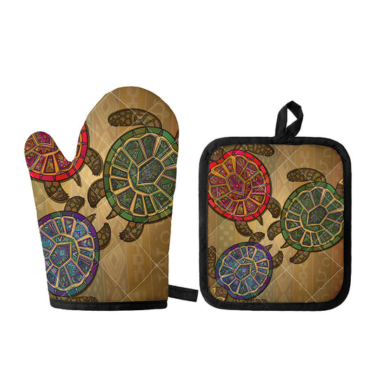 Ethnic Sea Turtles Print Oven Mitt And Pot Holder Set