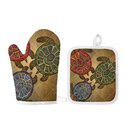 Ethnic Sea Turtles Print Oven Mitt And Pot Holder Set