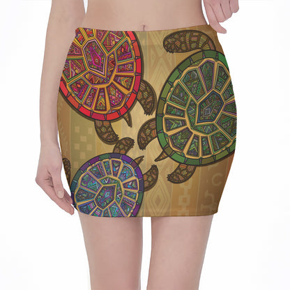 Ethnic Sea Turtles Print Pencil Mini Skirt