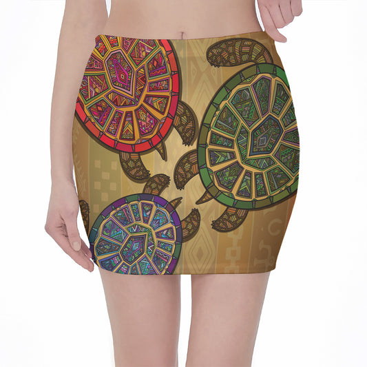 Ethnic Sea Turtles Print Pencil Mini Skirt