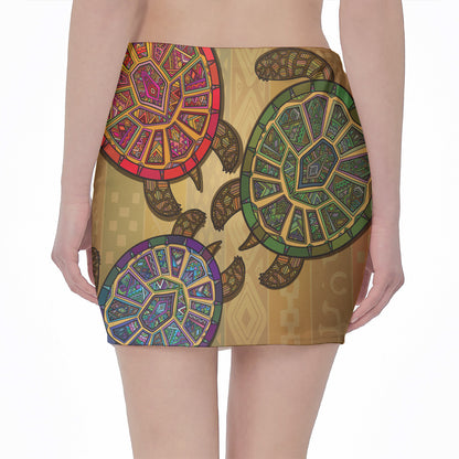 Ethnic Sea Turtles Print Pencil Mini Skirt
