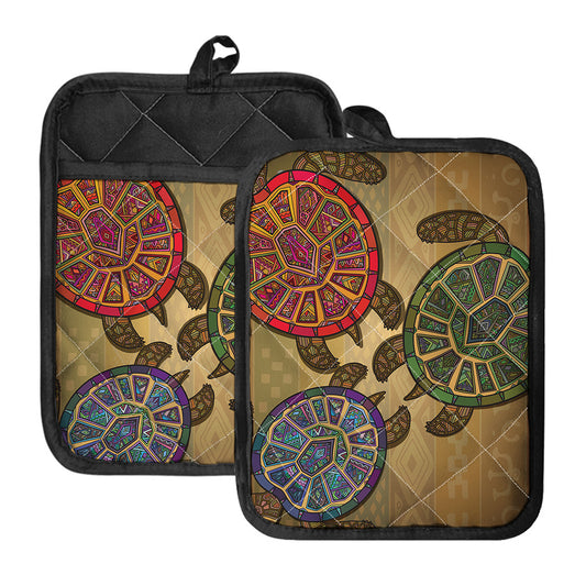 Ethnic Sea Turtles Print Pot Holders With Pocket
