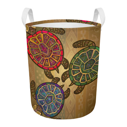Ethnic Sea Turtles Print Round Laundry Basket