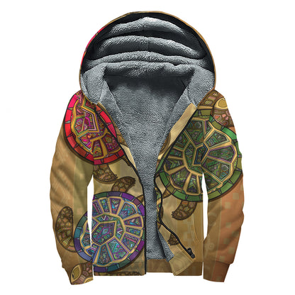 Ethnic Sea Turtles Print Sherpa Lined Zip Up Hoodie