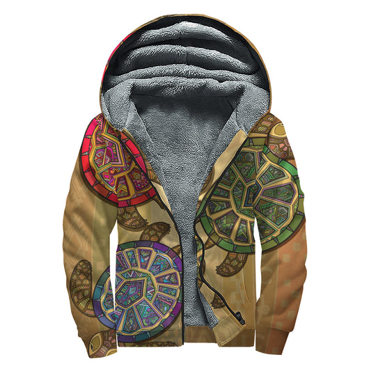 Ethnic Sea Turtles Print Sherpa Lined Zip Up Hoodie