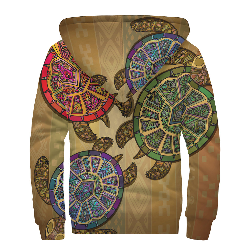 Ethnic Sea Turtles Print Sherpa Lined Zip Up Hoodie