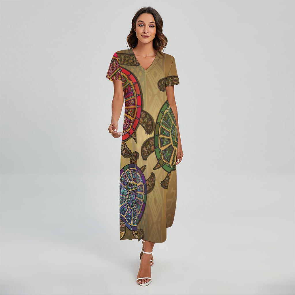 Ethnic Sea Turtles Print Short Sleeve Maxi Dress