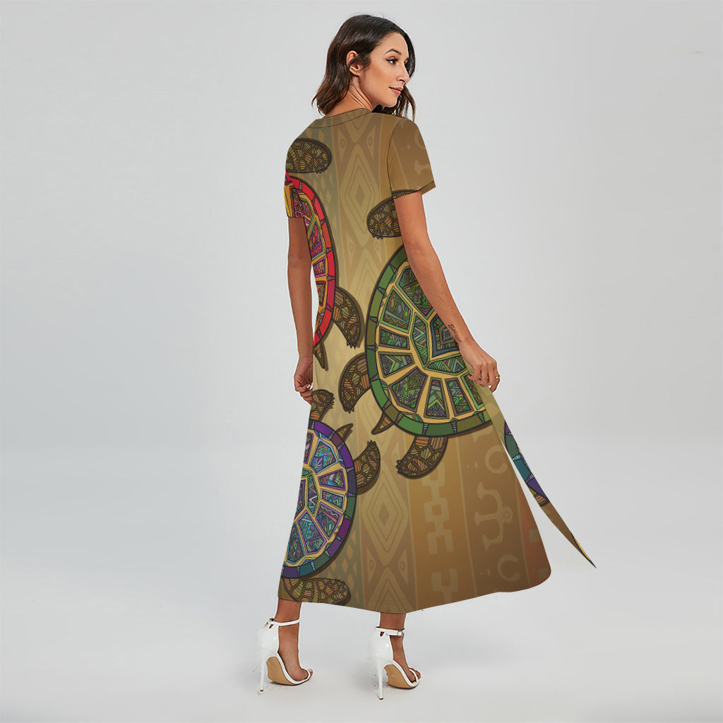 Ethnic Sea Turtles Print Short Sleeve Maxi Dress