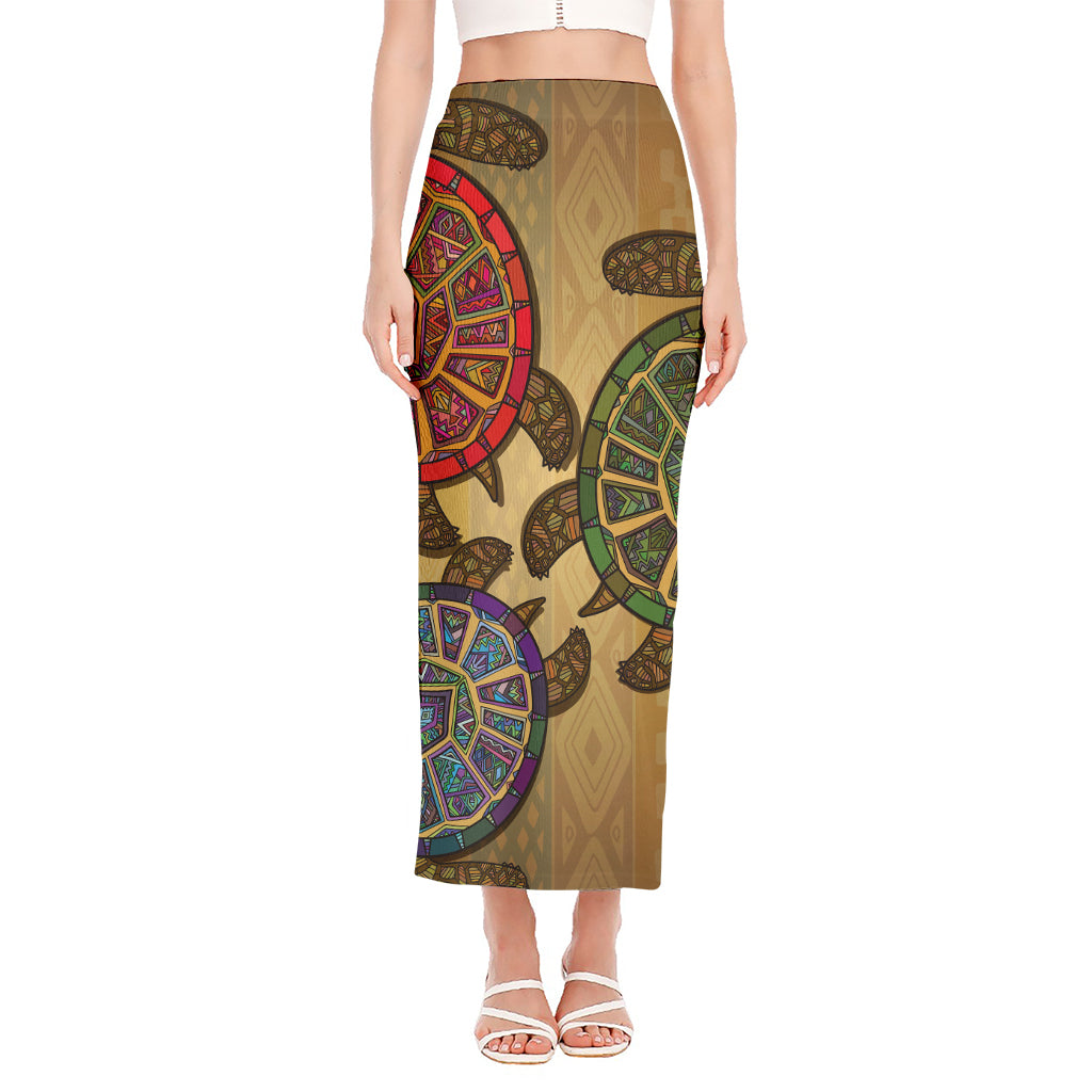 Ethnic Sea Turtles Print Side Slit Maxi Skirt