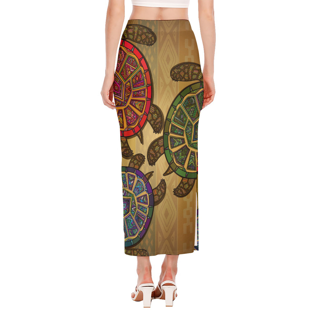 Ethnic Sea Turtles Print Side Slit Maxi Skirt