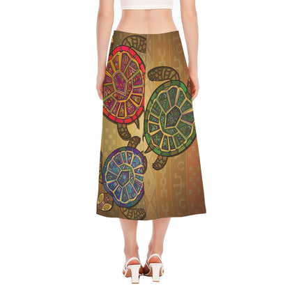 Ethnic Sea Turtles Print Side Slit Midi Skirt