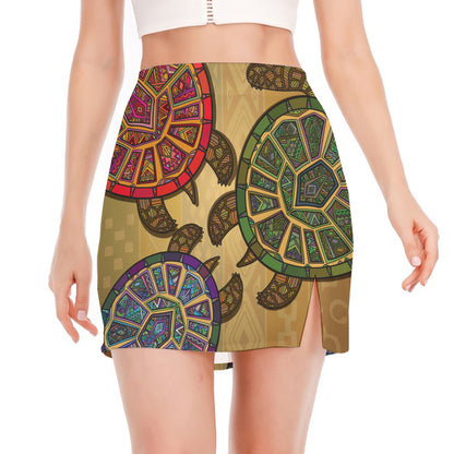 Ethnic Sea Turtles Print Side Slit Mini Skirt