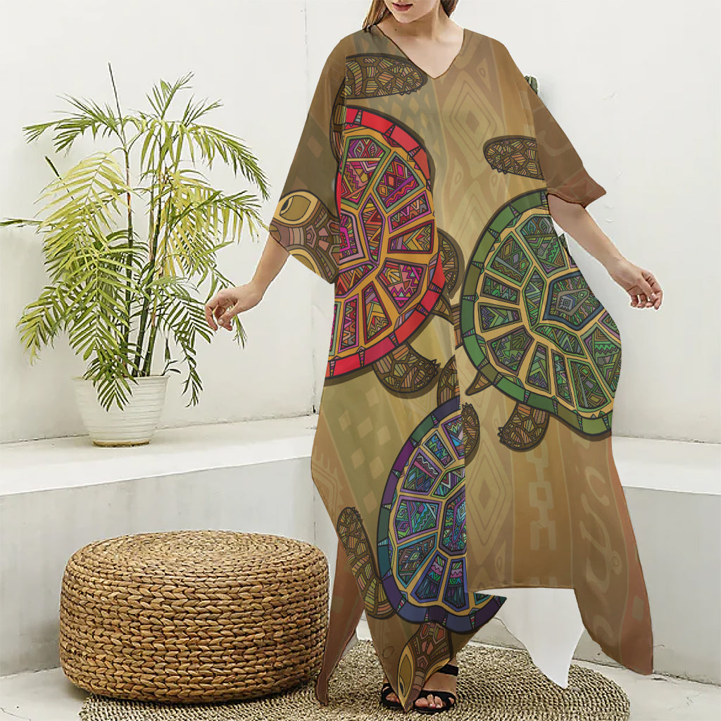Ethnic Sea Turtles Print Silk V-Neck Kaftan Dress