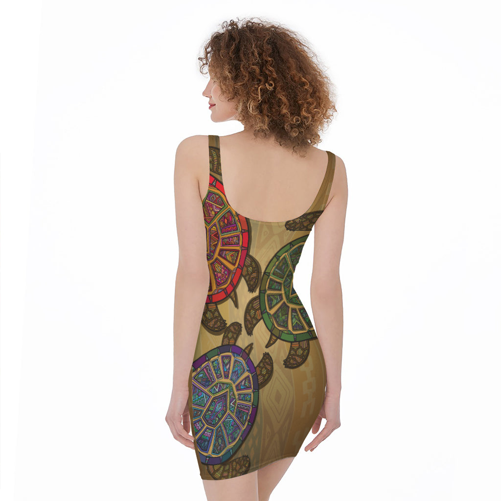 Ethnic Sea Turtles Print Sleeveless Bodycon Dress