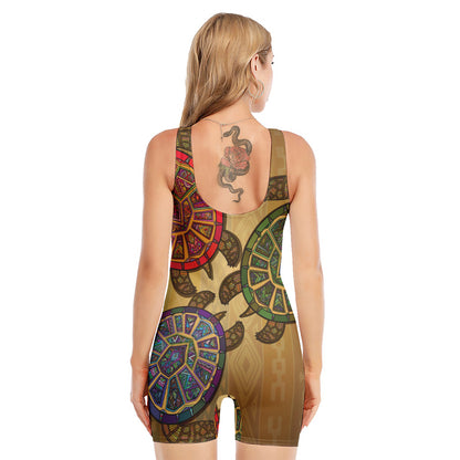 Ethnic Sea Turtles Print Sleeveless One Piece Swimsuit