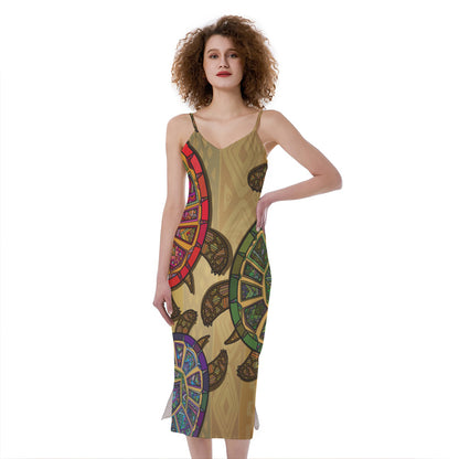 Ethnic Sea Turtles Print Slim Fit Midi Cami Dress