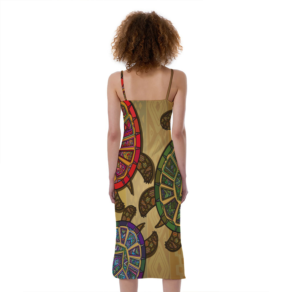 Ethnic Sea Turtles Print Slim Fit Midi Cami Dress