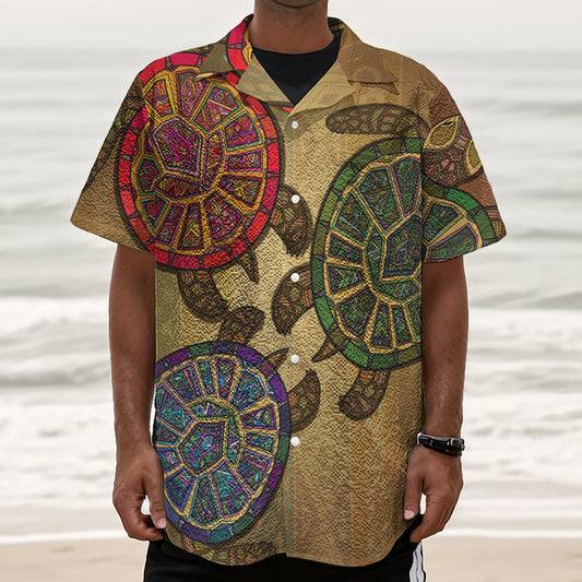 Ethnic Sea Turtles Print Textured Short Sleeve Shirt