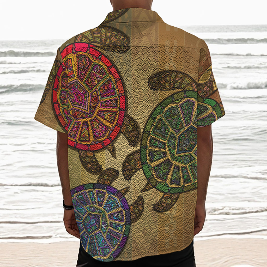 Ethnic Sea Turtles Print Textured Short Sleeve Shirt