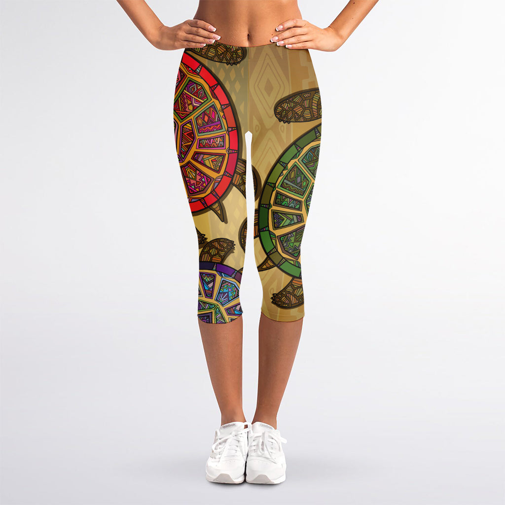 Ethnic Sea Turtles Print Women's Capri Leggings