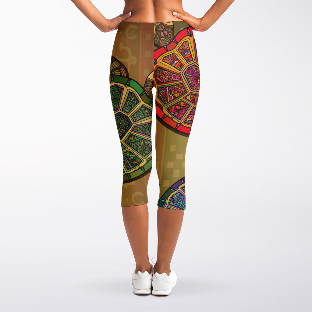 Ethnic Sea Turtles Print Women's Capri Leggings