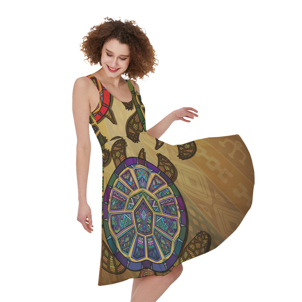 Ethnic Sea Turtles Print Women's Sleeveless Dress
