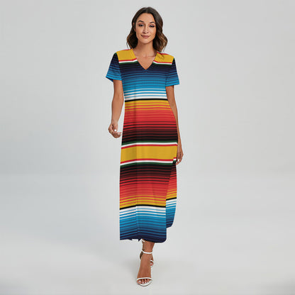 Ethnic Serape Blanket Pattern Print Short Sleeve Maxi Dress