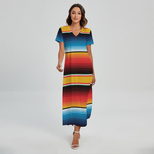 Ethnic Serape Blanket Pattern Print Short Sleeve Maxi Dress