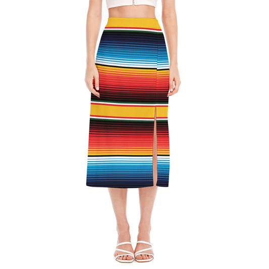 Ethnic Serape Blanket Pattern Print Side Slit Midi Skirt