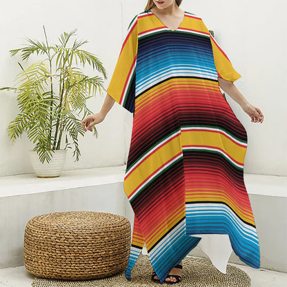 Ethnic Serape Blanket Pattern Print Silk V-Neck Kaftan Dress