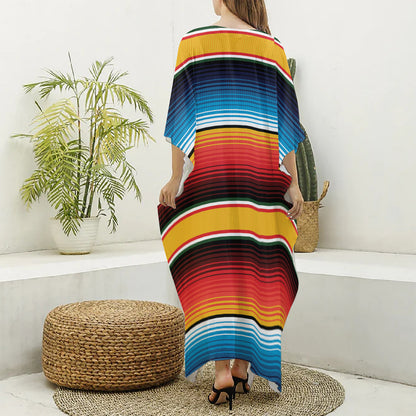 Ethnic Serape Blanket Pattern Print Silk V-Neck Kaftan Dress