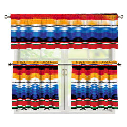 Ethnic Serape Blanket Stripe Print 3 Piece Kitchen Curtains