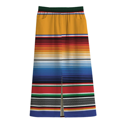 Ethnic Serape Blanket Stripe Print Cotton Front Slit Maxi Skirt