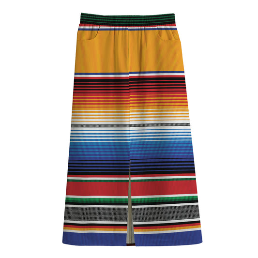 Ethnic Serape Blanket Stripe Print Cotton Front Slit Maxi Skirt