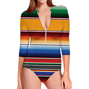 Ethnic Serape Blanket Stripe Print Long Sleeve Swimsuit